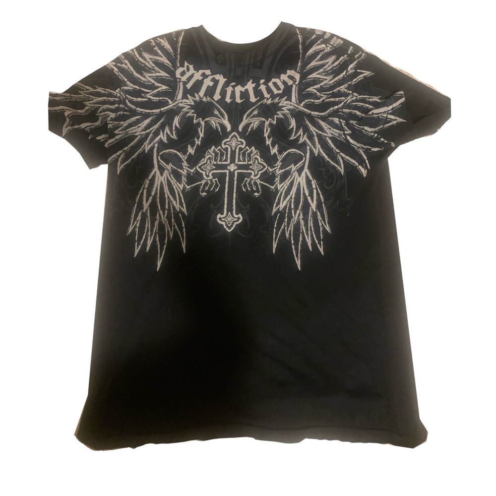 Affliction Black Tee with Silver Wing & Cross Graphic